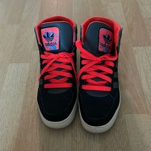 Adidas high top mens shoes - orange, black, blue, and gray - size 9.5